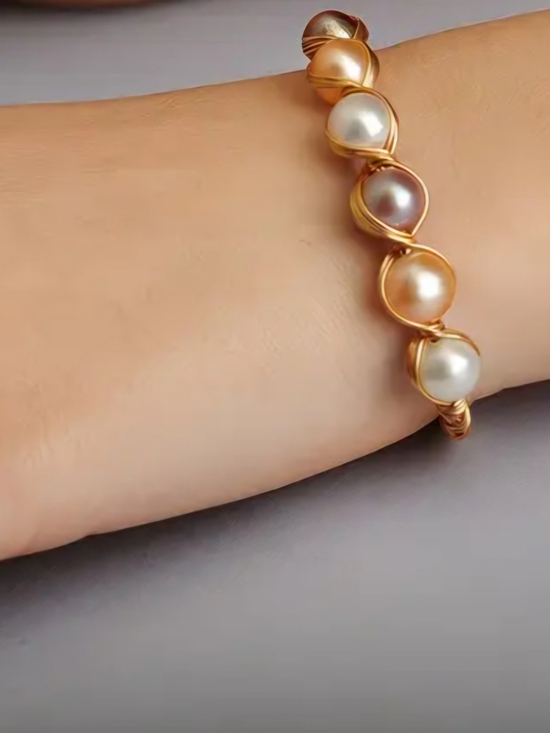 Jewelry - Handmade Wire-Wrapped Freshwater Pearl Open Cuff Bangle Bracelet